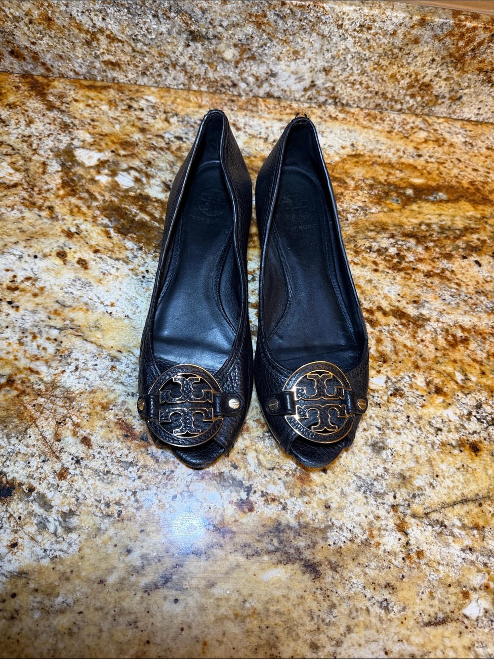 Tory Burch Black Pebbled Leather Peep Toe Wedge Pumps